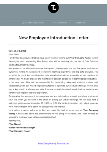 Free New Employee Introduction Letter Template to Edit Online
