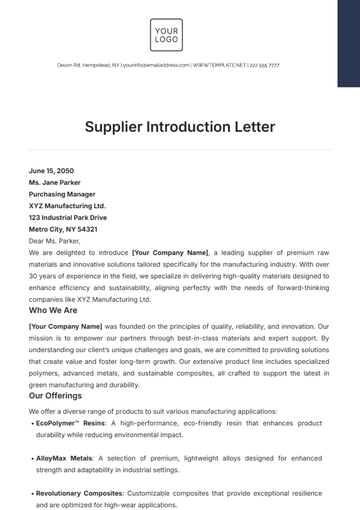 Free Supplier Introduction Letter Template to Edit Online