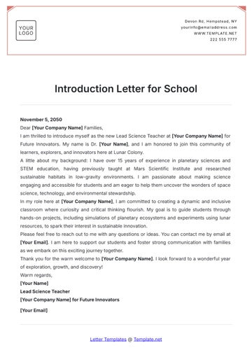 Free Introduction Letter for School Template to Edit Online