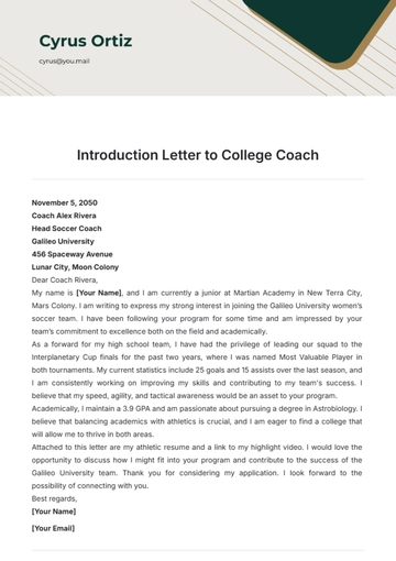 Free Introduction Letter to College Coach Template to Edit Online