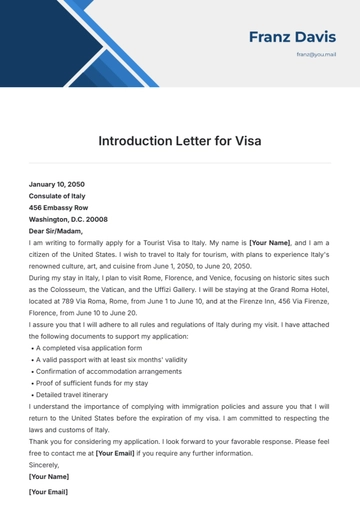 Free Introduction Letter for Visa Template to Edit Online