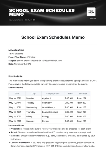 Free School Exam Schedules Memo Template to Edit Online