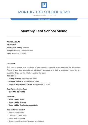 Free Monthly Test School Memo Template to Edit Online