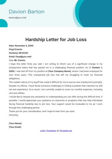 Free Simple Hardship Letter for Job Loss Template to Edit Online