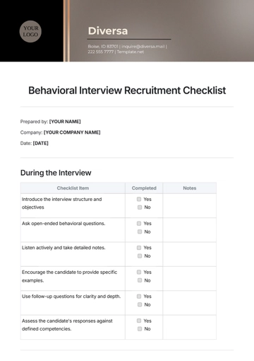Free Behavioral Interview Recruitment Checklist Template to Edit Online