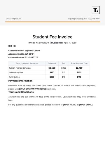 Free Student Fee Invoice Template to Edit Online