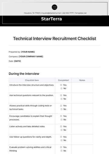 Free Technical Interview Recruitment Checklist Template to Edit Online