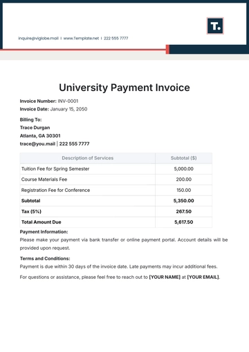 Free University Payment Invoice Template to Edit Online