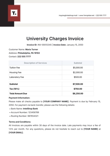 Free University Charges Invoice Template to Edit Online