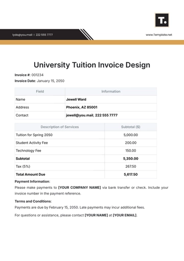 Free University Tuition Invoice Design Template to Edit Online
