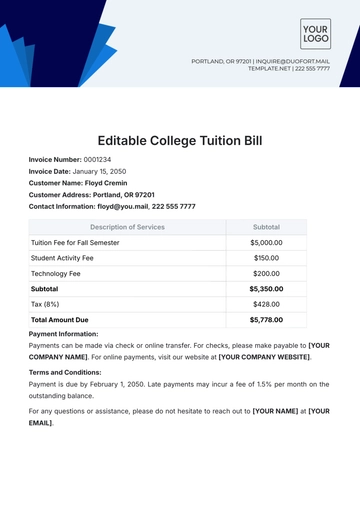 Free Editable College Tuition Bill Template to Edit Online