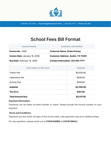 Free School Fees Bill Format Template to Edit Online