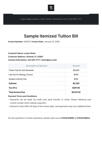 Free Sample Itemized Tuition Bill Template to Edit Online