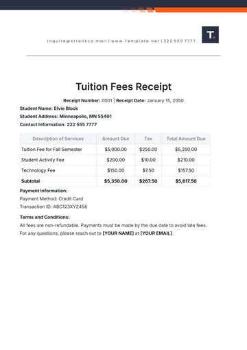 Free Tuition Fees Receipt Template to Edit Online