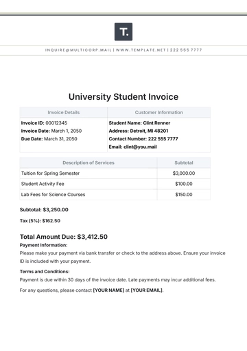 Free University Student Invoice Template to Edit Online
