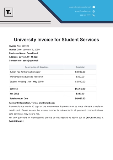 Free University Invoice Template for Student Services to Edit Online