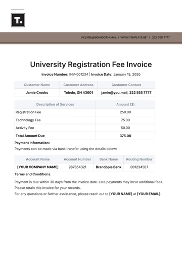 Free University Registration Fee Invoice Template to Edit Online