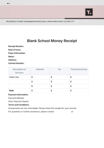 Free Blank School Money Receipt Template to Edit Online