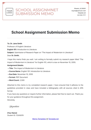 Free School Assignment Submission Memo Template to Edit Online