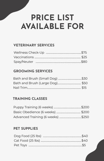 Free Animal Care Price List Poster Template to Edit Online
