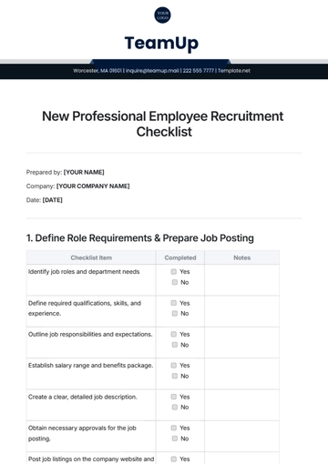 Free New Professional Employee Recruitment Checklist Template to Edit Online