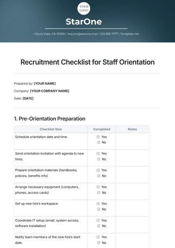 Free Recruitment Checklist for Staff Orientation Template to Edit Online