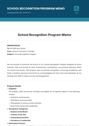Free School Recognition Program Memo Template to Edit Online