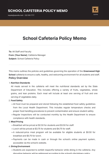 Free School Cafeteria Policy Memo Template to Edit Online