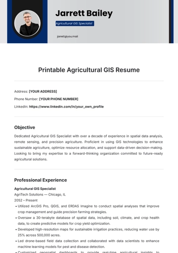 Free Printable Agricultural GIS Resume Template to Edit Online