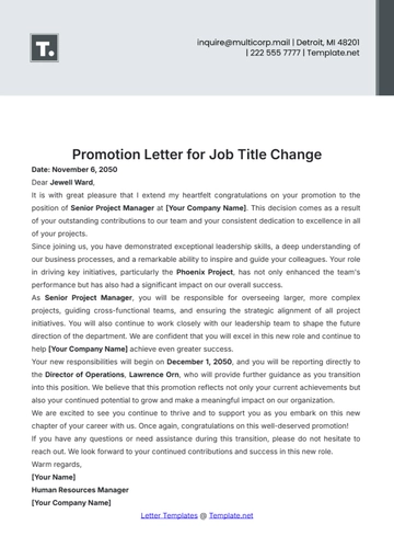 Free Promotion Letter for Job Title Change Template to Edit Online