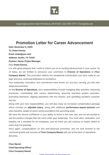 Free Promotion Letter for Career Advancement Template to Edit Online