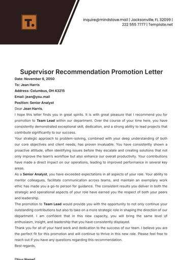 Free Supervisor Recommendation Promotion Letter Template to Edit Online