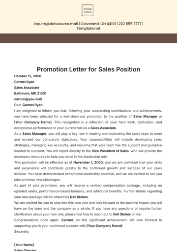 Free Promotion Letter for Sales Position Template to Edit Online