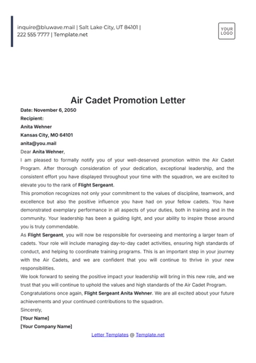 Free Air Cadet Promotion Letter Template to Edit Online
