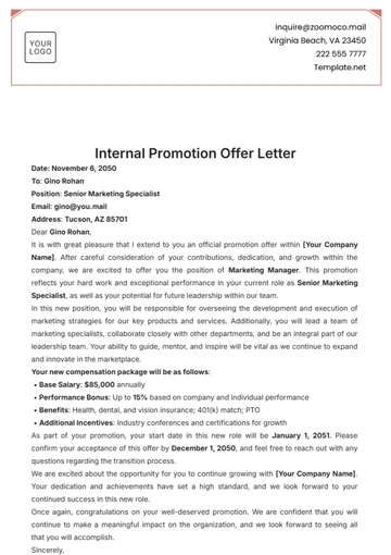 Free Internal Promotion Offer Letter Template to Edit Online