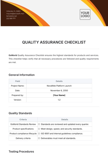 Free Quality Assurance Checklist Template to Edit Online