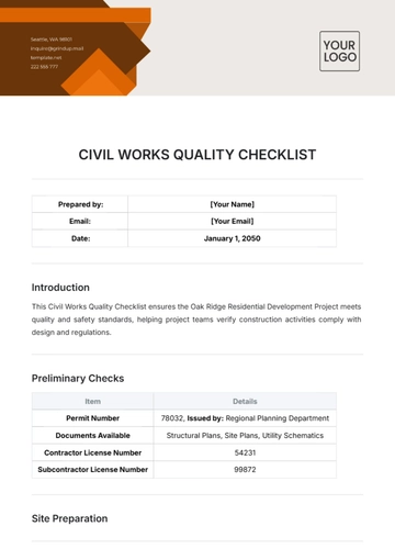 Free Civil Works Quality Checklist Template to Edit Online