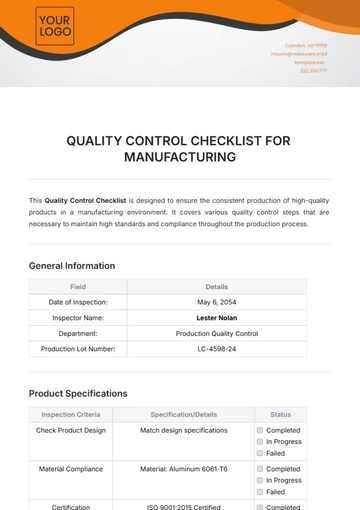 Free Quality Control Checklist for Manufacturing Template to Edit Online