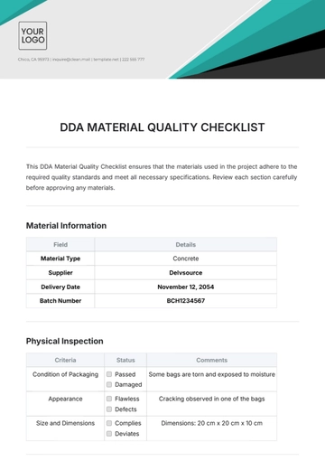 Free DDA Material Quality Checklist Template to Edit Online