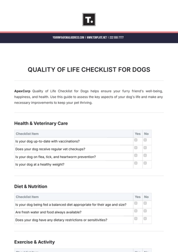 Free Quality of Life Checklist for Dogs Template to Edit Online