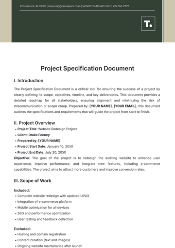 Free Project Specification Document Template to Edit Online