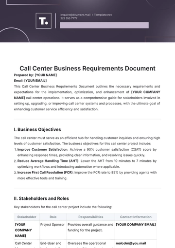 Free Call Center Business Requirements Document Template to Edit Online