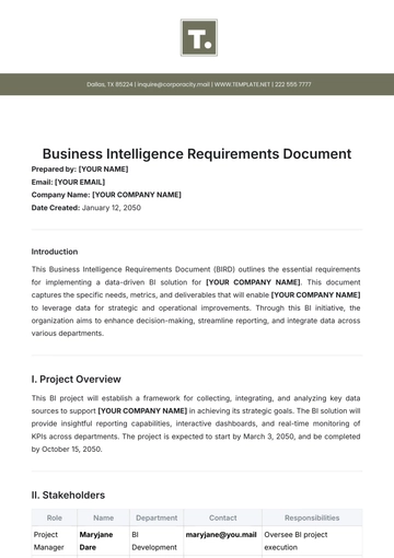 Free Business Intelligence Requirements Document Template to Edit Online