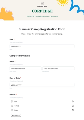 Free Summer Camp Registration Form Template to Edit Online
