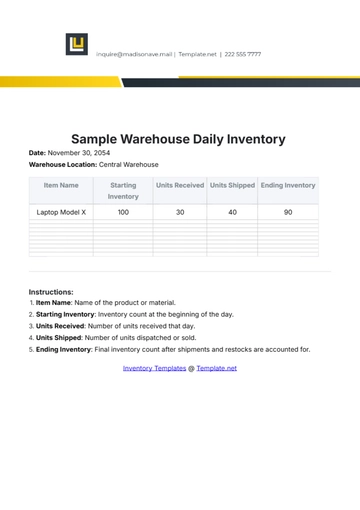 Free Sample Warehouse Daily Inventory Template to Edit Online