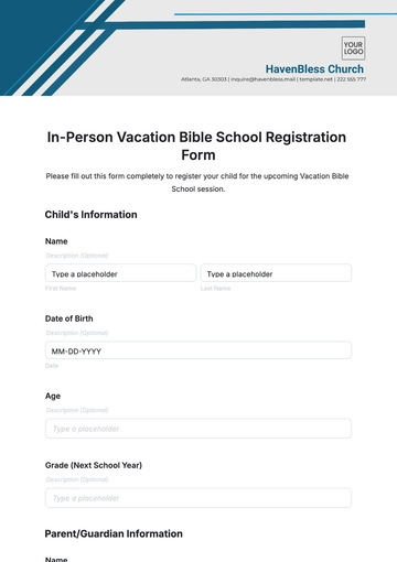 Free In-Person Vacation Bible School Registration Form Template to Edit Online