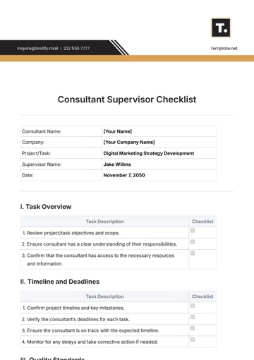 Free Consultant Supervisor Checklist Template to Edit Online