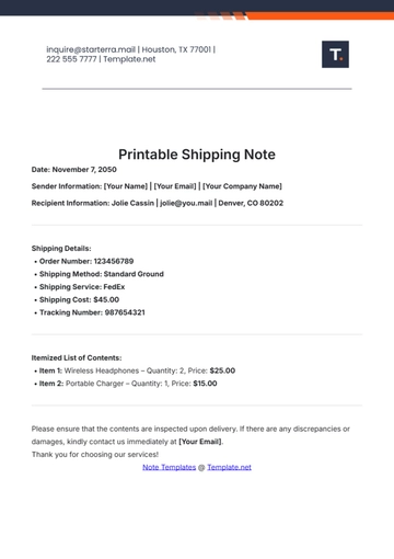Free Printable Shipping Note Template to Edit Online