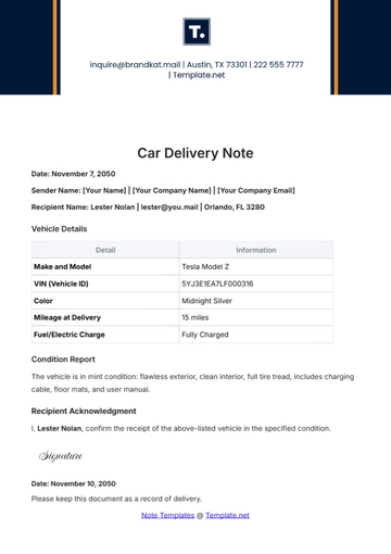 Free Car Delivery Note Template to Edit Online