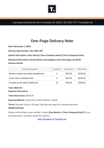 Free One Page Delivery Note Template to Edit Online